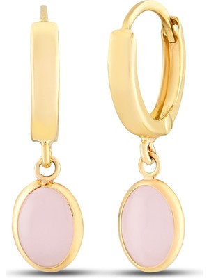 Debora Jewelry 14 Ayar Altın Pembe Oval Kuvars Küpe