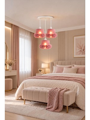 Elizim Home Lighting Alessa 3’lü Tütü Avize – Beyaz Tepsili Pudra Tül Başlıklı Yatak Odası- Oturma Odası- Genç Odası Dekoratif Sarkıt Avize