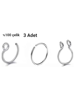 Marmara Avm Gri Çelik Deliksiz Hızma Piercing Seti, Burun Dudak Septum, 3 Adet