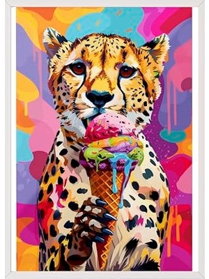 Marmara Avm Beyaz Çerçeveli Tablo, Leopar, Dondurma ve Renkli Arka Plan, Pop Art Tarzı Poster No: 106556 21 x 30