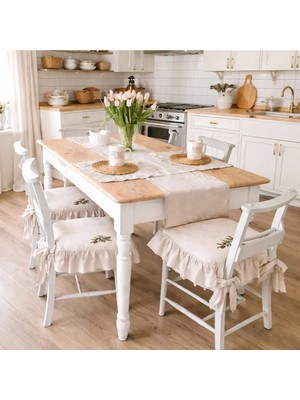 Maison Luré Zeytin Desenli Mutfak Runner Seti 1 Runner 4 Sandalye Minderi