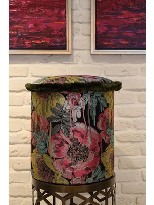 Maison Luré Çiçek Desenli Püsküllü Dekoratif Puf Siyah Pembe Puf & Bench
