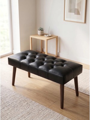 Maison Luré Siyah Deri Kumaş Puf Oturma Bankı Ahşap Ayaklı Demonte 90X45 Puf & Bench