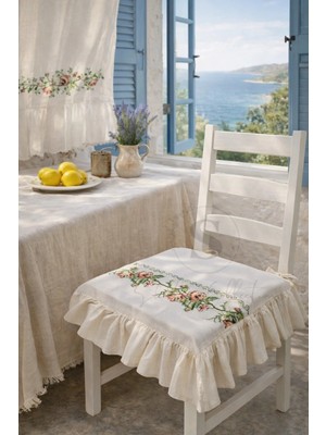 Maison Luré Romantik Ege Turuncu Gül Kanaviçe Nakışlı Fırfırlı Sandalye Minderi