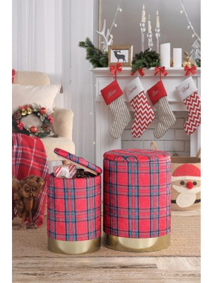 Maison Luré Yuvarlak Sandıklı Puf Ecose Kırmızı 2li Puf & Bench