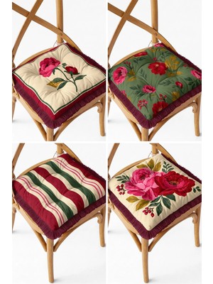 Maison Luré Vintage Botanik Çiçek ve Çizgi Desenli Saçaklı Pofuduk Sandalye Minderi 4'l