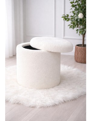 Maison Luré Beyaz Kumaş Sandıklı Yuvarlak Puf Puf & Bench