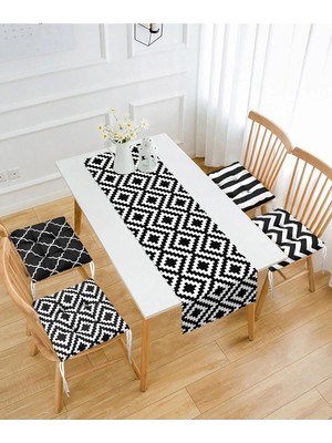 Maison Luré Siyah Beyaz Geometrik Çizimler Tasarımlı 4 Sandalye Minderi ve 1 Runner Set