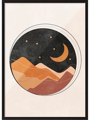 Marmara Avm Siyah Çerçeveli Tablo, Çöl Manzarası ve Ay, Daire Içinde Minimal Stil Poster No: 107728 21 x 30