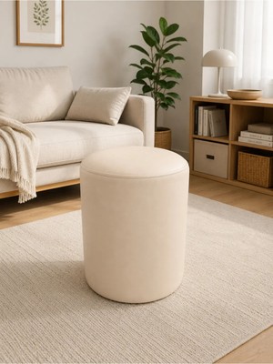Maison Luré Krem Deri Puf 40X50 cm Silindir Tasarım Dekoratif Oturma Pufu Puf & Bench