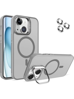 Marmara Avm iPhone 15 Için Kılıf Kamera Korumalı Magsafe Wireless Şarj Özellikli Lens Hediyeli Mat Şeffaf Renkli Standlı Kılıf (Gri)