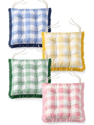 Maison Luré Çok Renkli Gingham Pötikare Saçaklı Pofidik Yemek Sandalyesi Minderi 4'lü S