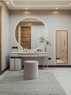 Maison Luré Düz Gri Puf Havlu Kumaş Yuvarlak Makyaj Masası Pufu Puf & Bench