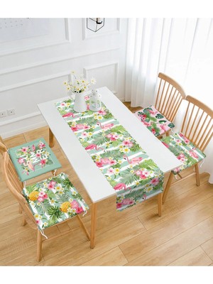 Maison Luré Flamingo Tasarımlı 4 Fermuarlı Sandalye Minderi ve 1 Runner Seti