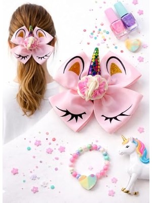 Marmara Avm Pembe Unicorn Kız Çocuk Saç Tokası, Pullu Boynuz ve Çiçek Süslemeli Saç Aksesuarı