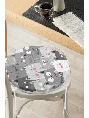 Maison Luré Kedi Motifli Dijital Baskılı Yuvarlak Fermuarlı Sandalye Minderi