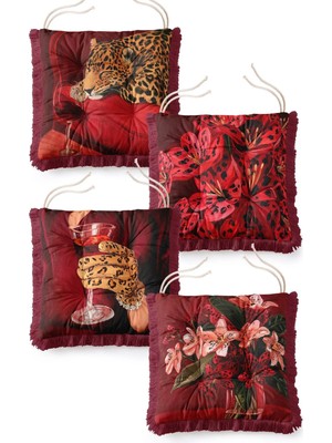Maison Luré Kırmızı Çiçek ve Şarap Temalı Saçaklı Pofiduk Sandalye Minderi 4'lü Set