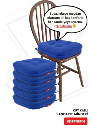 Maison Luré 6'lı Sandalye Minderi 42X42X8 cm Çift Kat Pofuduk Fermuarlı Mavi