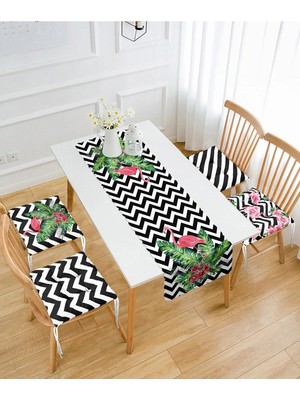 Maison Luré Flamingo Tasarımlı 4 Pofidik Sandalye Minderi ve 1 Runner Seti