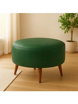 Maison Luré Yeşil Yuvarlak Deri Puf – 60 cm Çap, 46 cm Yükseklik Puf & Bench