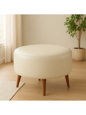Maison Luré Krem Yuvarlak Deri Puf 60 cm Çap 46 cm Yükseklik Ceviz Ayaklı Puf & Bench