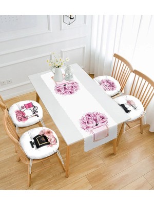 Maison Luré Parfüm Şişesi Tasarımlı 4 Yuvarlak Pofidik Sandalye Minderi ve 1 Runner Set