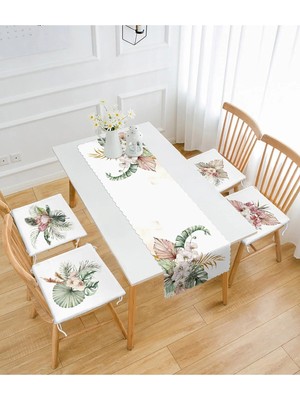 Maison Luré Tropik Yaprak Motifli 4 Pofidik Sandalye Minderi ve 1 Runner Seti