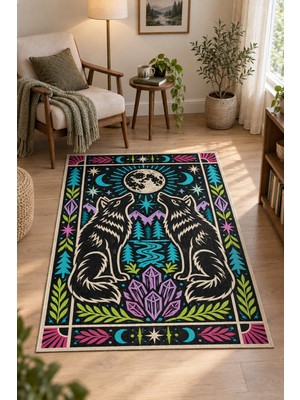 Rugs Modern Halı Dora Folklorik Manzara Desenli Siyah, Turkuaz ve Antrasit Ince Dokuma Taban Salon Halısı OZL201