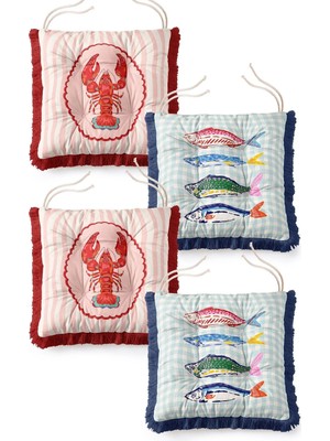 Maison Luré Balık Desenli Pötikareli Çizgili Saçaklı Sandalye Minderi 4'lü Set