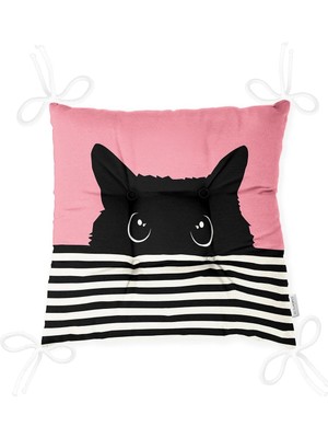 Maison Luré Çizgili Motif Kara Kedi Tasarımlı Pembe Zemin Pofidik Sandalye Minderi