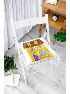 Maison Luré Sarı Ev Çizimli Dijital Baskılı Modern Sandalye Minderi