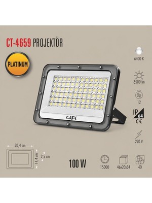 Lexroo 100W Slim LED Projektör Cata CT-4659B - Beyaz Işık 6400K