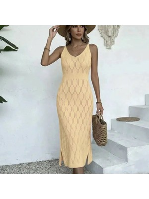 Lexroo %100 Pamuk Yaprak Desen Belden Lastikli Uzun Triko Plaj Elbisesi