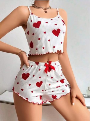 Hace Bazaar Pamuklu Beyaz Üstüne Kırmızı Kalp Desenli Askılı Şortlu Pijama Takımı -Hcb