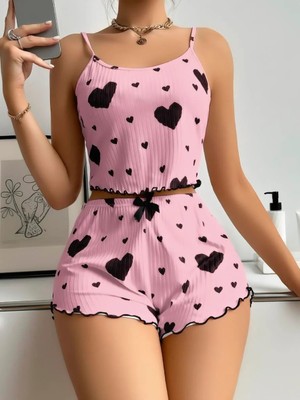 Hace Bazaar  Pamuklu Pembe Üstüne Siyah Kalp Desenli Askılı Fitilli Şortlu Pijama Takımı -Hcb