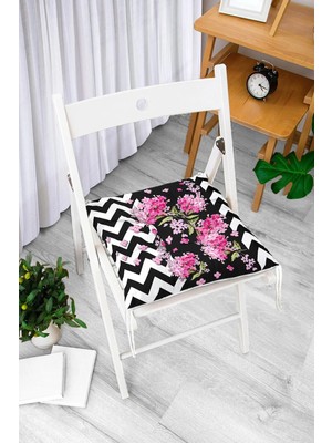 Maison Luré Siyah Zigzag Zeminde Ilkbahar Çiçekleri Temalı Pofidik Sandalye Minderi
