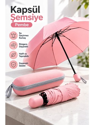 Lexroo Şık Pembe Kapsül Şemsiye Kompakt Boyut Koruyucu Kılıf ve Pratik Kullanım