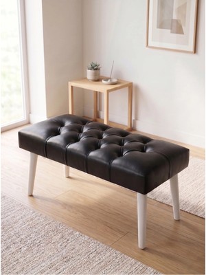 Maison Luré Kapitoneli Siyah Deri Kumaş Puf Oturma Bankı Ahşap Beyaz Ayaklı 90X45 Puf & Bench