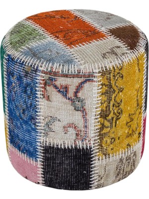 Maison Luré Gerçek El Dokuma Multi Rengi Patchwork Yuvarlak Puf Puf & Bench