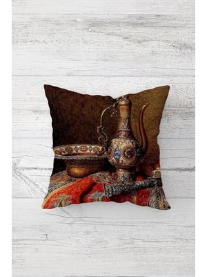 Marmara Avm Vintage Antika Desenli Çift Taraflı Baskılı Gizli Fermuarlı Yastık Kılıfı, Kahve 45 x 45