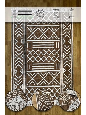 Marmara Avm Pamuk Dokuma Yumuşak Çift Taraflı Yıkanabilir Saçaklı Salon Mutfak Yolluk Kilim Kahve1 80 x 150