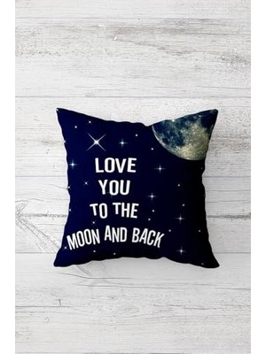 Marmara Avm Love You To The Moon And Back Çift Taraflı Baskılı Gizli Fermuarlı Dekoratif Kırlent Kılıfı, Koyu Lacivert-Beyaz 45 x 45