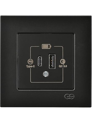 Marmara Avm Metalik Siyah 2 Çıkışlı USB Şarj Prizi Type C + Type A 20W