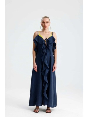 Gaca Collection Saliva Ön Volanlı Bağcıklı Uzun Indigo Elbise