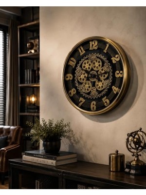 Marmara Avm Gold Steampunk Dekoratif Duvar Saati, Büyük Boy Çarklı Salon ve Ofis Saati