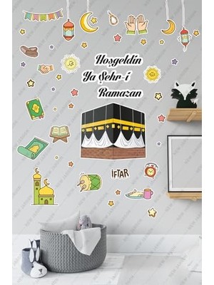 Marmara Avm Ramazan Duvar Sticker Seti, Kabe ve Renkli Islami Figürler, Cam Duvar ve Kapı Dekoru, 50 Parça