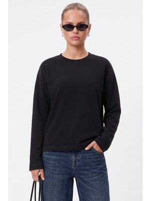 Ritnice Kadın Boxy %100 Pamuklu Tok Dokulu Dekoratif Yaka Interlok Uzun Kollu Siyah T-Shirt