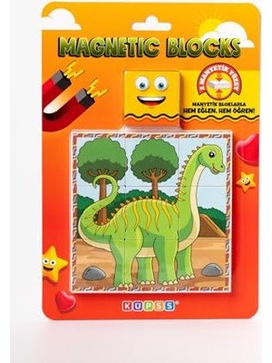 Marmara Avm Manyetik Blok, Çift Taraflı, 9 Parçalı, Mıknatıslı Dinozor Puzzle, 2 Görsel Yapboz