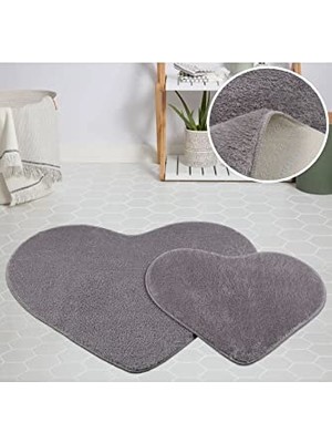 Marmara Avm Modern Dekoratif Jel Kaymaz Taban Pelüş Puffy Kalp Model Gri Paspas Takımı 70X100-70X60