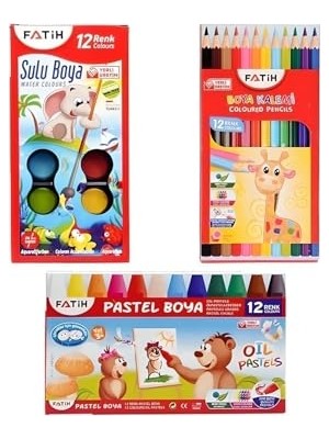 Marmara Avm 3'lü Boyama Seti, Kuru Boya + Sulu Boya + Pastel Boya, 12'li, Renkli